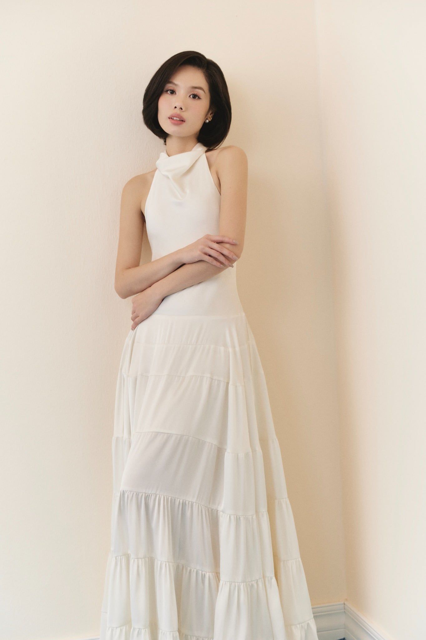White Silky Halter Neck Tiered Dress