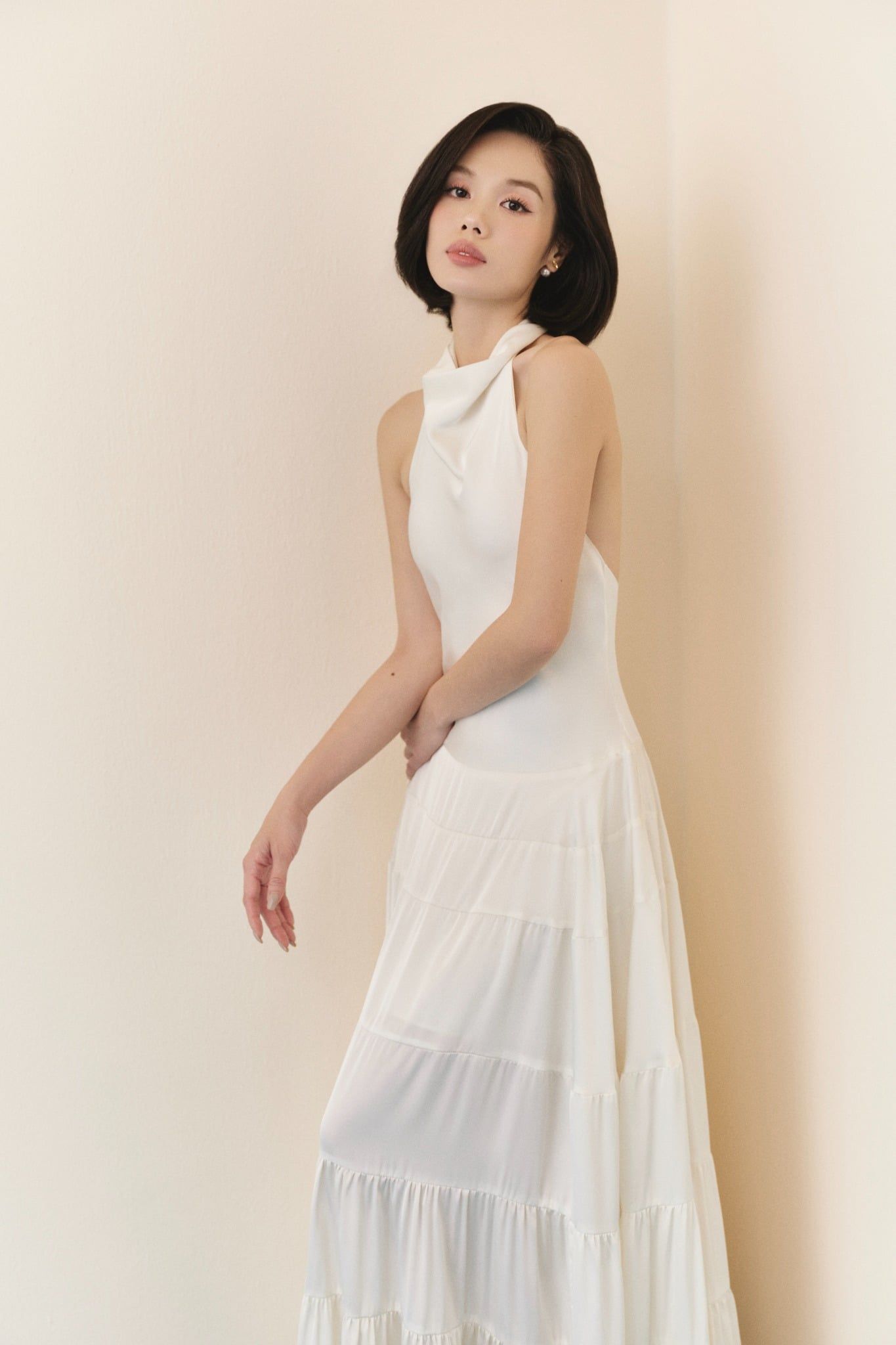 White Silky Halter Neck Tiered Dress