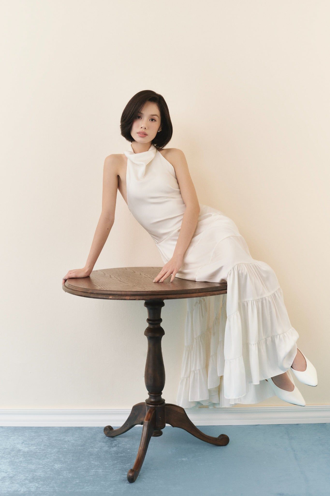 White Silky Halter Neck Tiered Dress