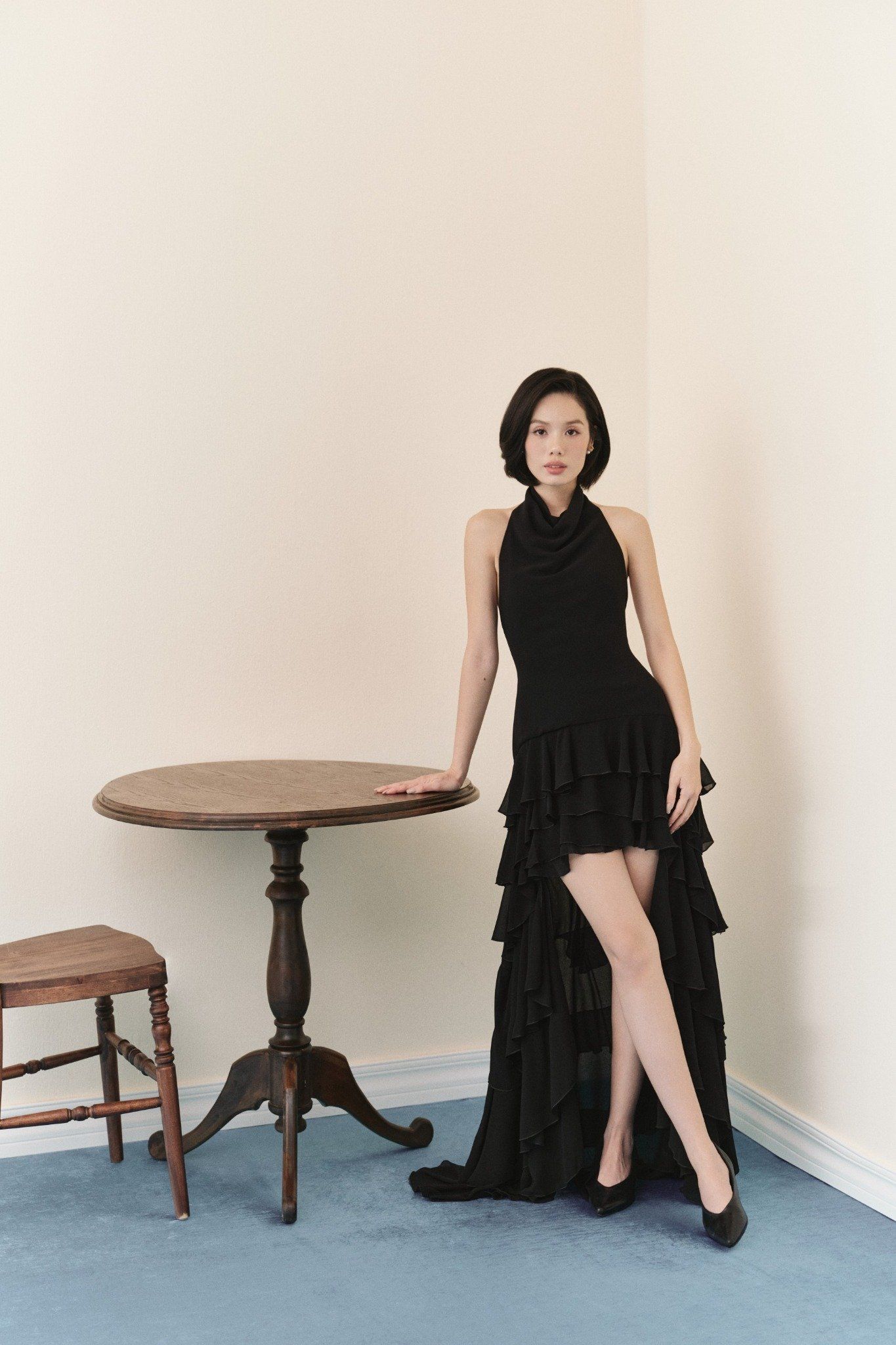 Black Ruffled High Low Hem Halter Neck Dress