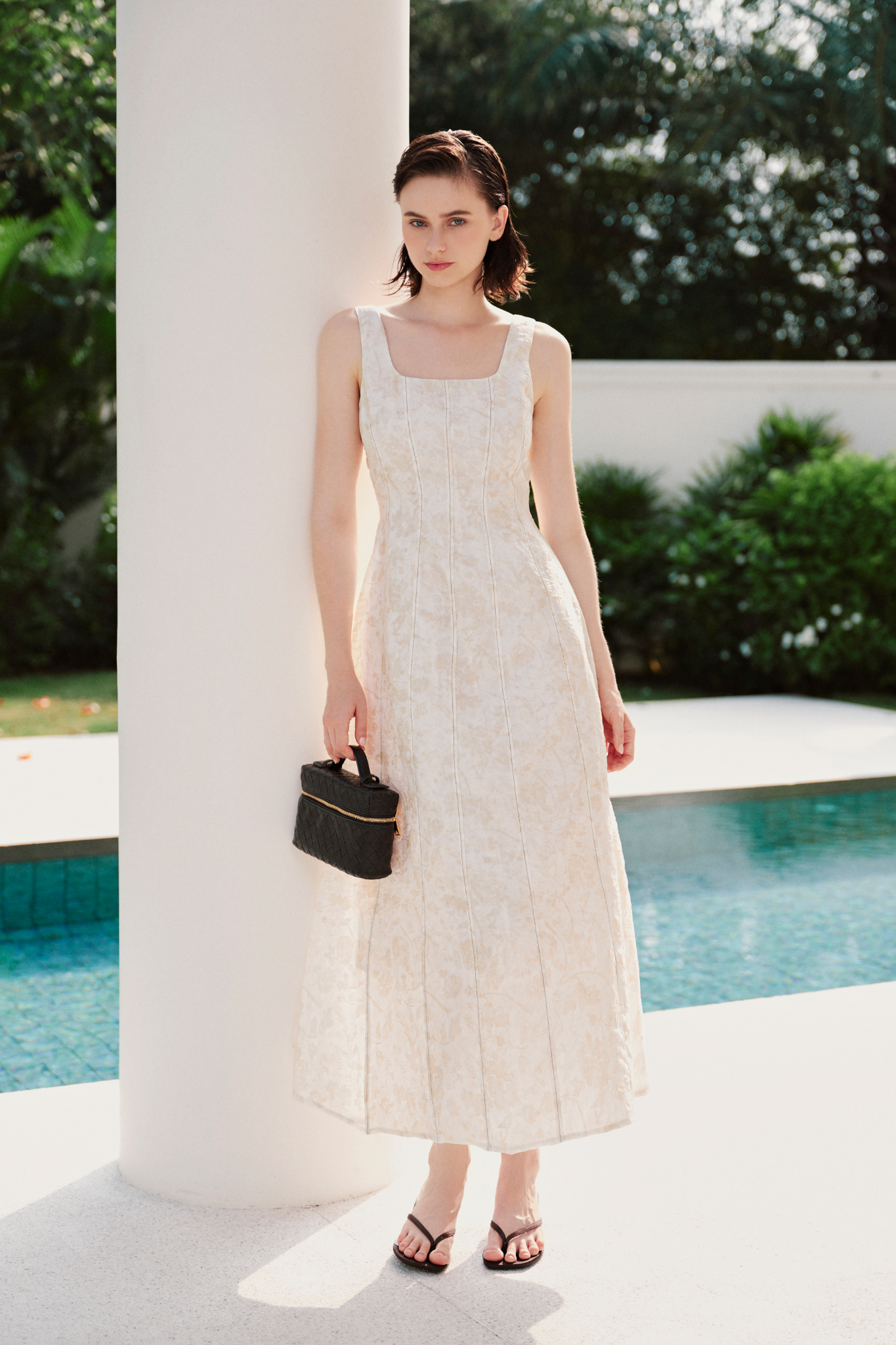 Ivory Jacquard Square Neck Dress