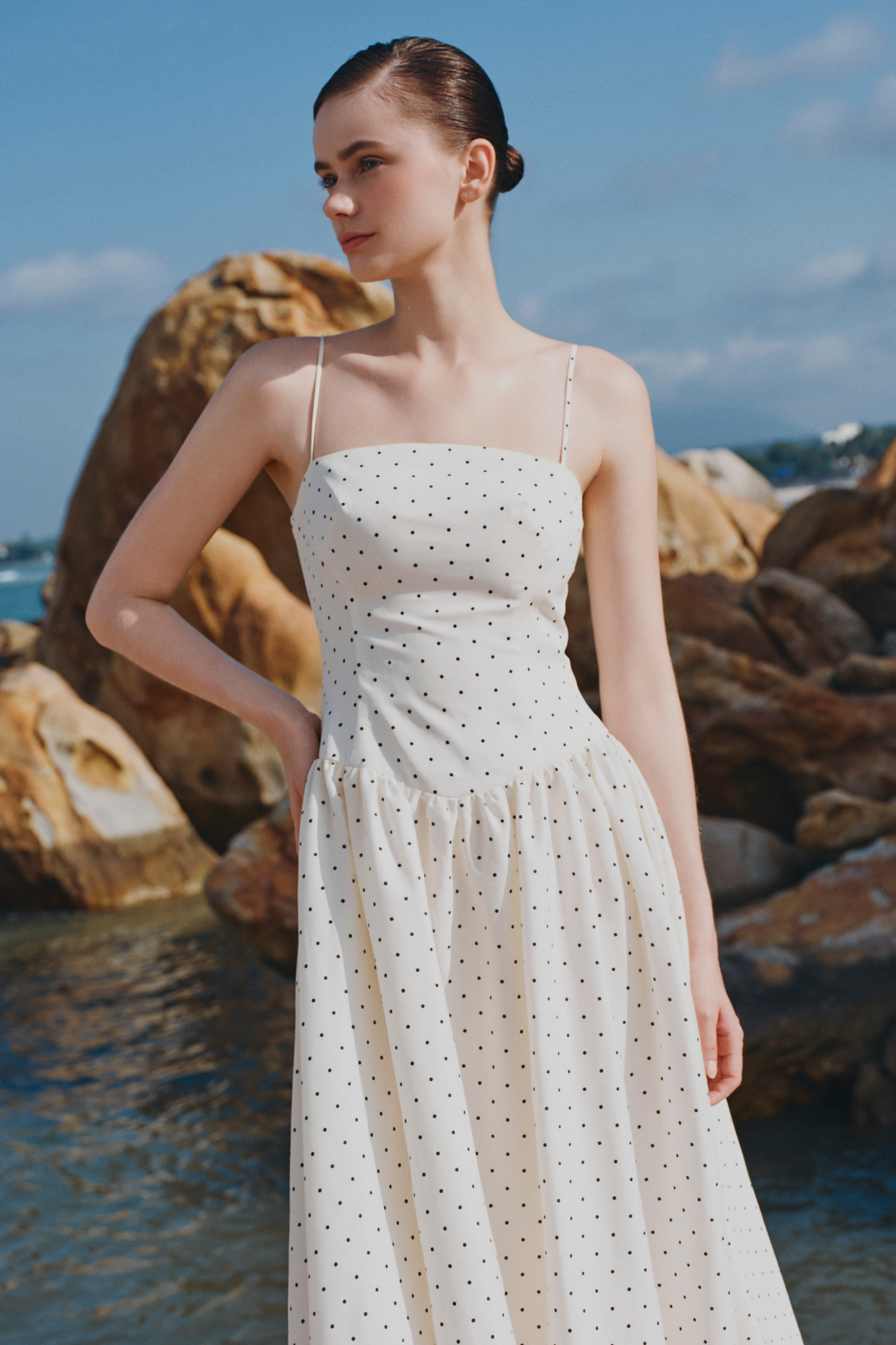 Cream Dot Strappy Maxi Dress