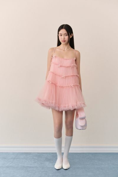  Đầm suông hai dây Pink Mesh Layered Bow Mini Dress 