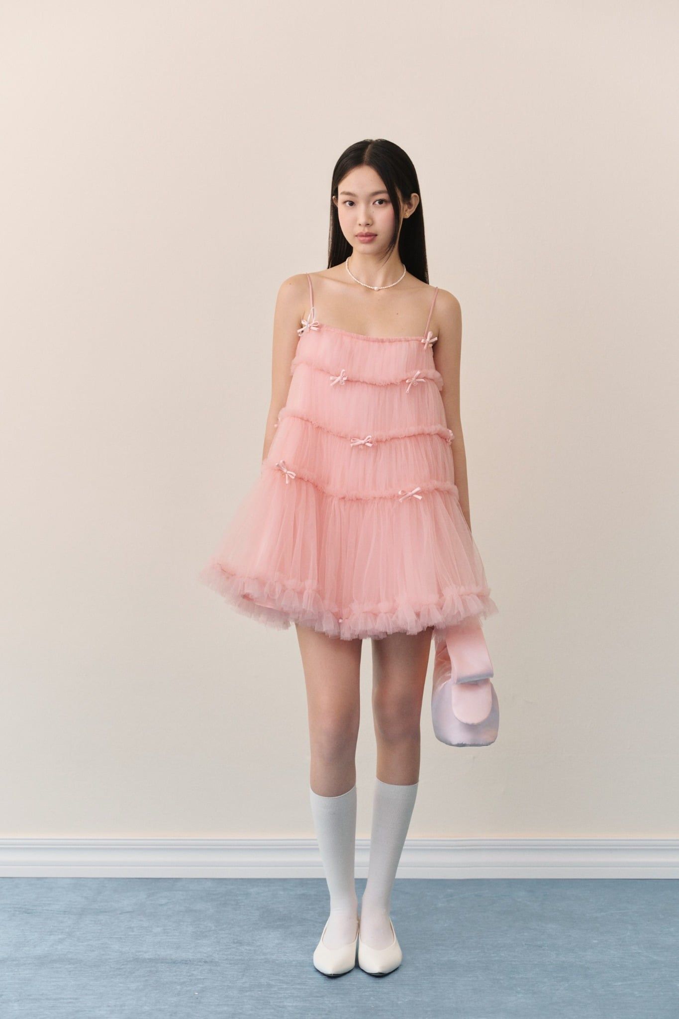Đầm suông hai dây Pink Mesh Layered Bow Mini Dress