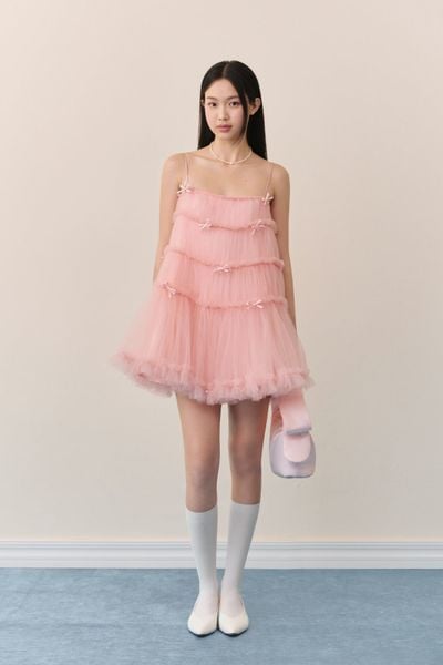  Đầm suông hai dây Pink Mesh Layered Bow Mini Dress 