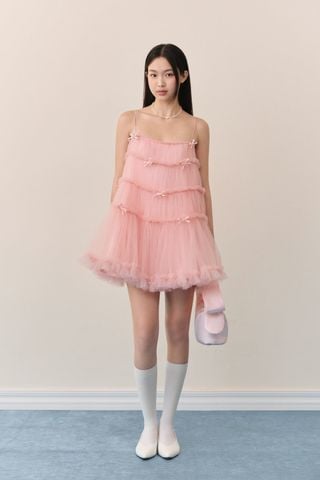 Đầm suông hai dây Pink Mesh Layered Bow Mini Dress