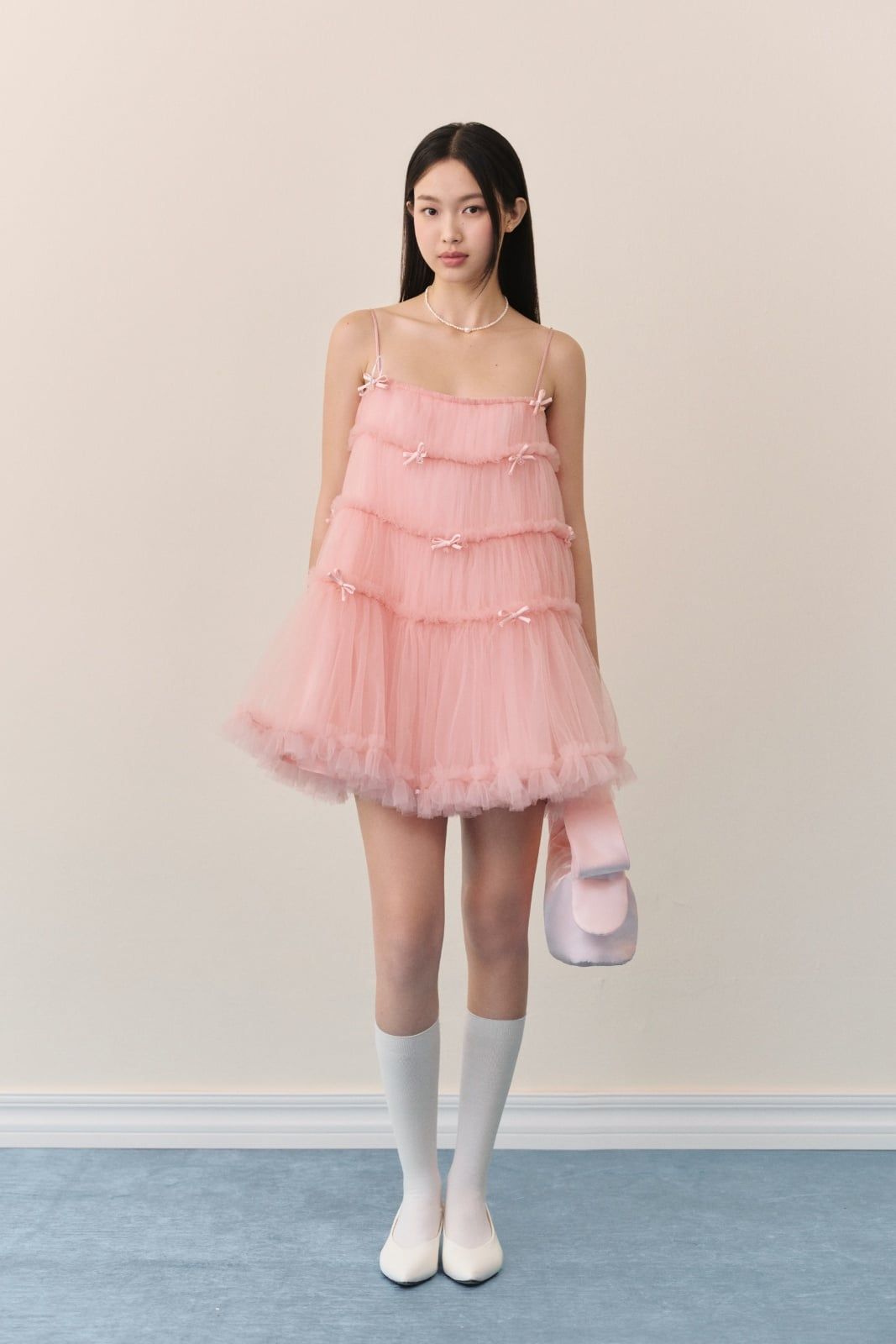 Đầm suông hai dây Pink Mesh Layered Bow Mini Dress