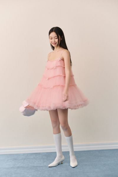  Đầm suông hai dây Pink Mesh Layered Bow Mini Dress 