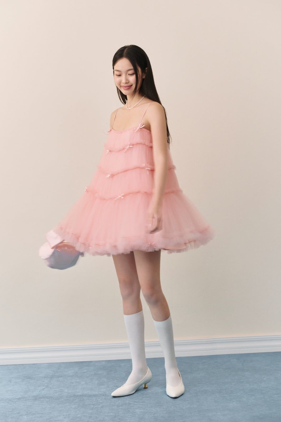 Đầm suông hai dây Pink Mesh Layered Bow Mini Dress