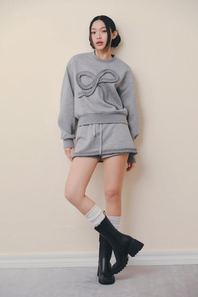  Gray Bow Long Sleeves Knit Set 