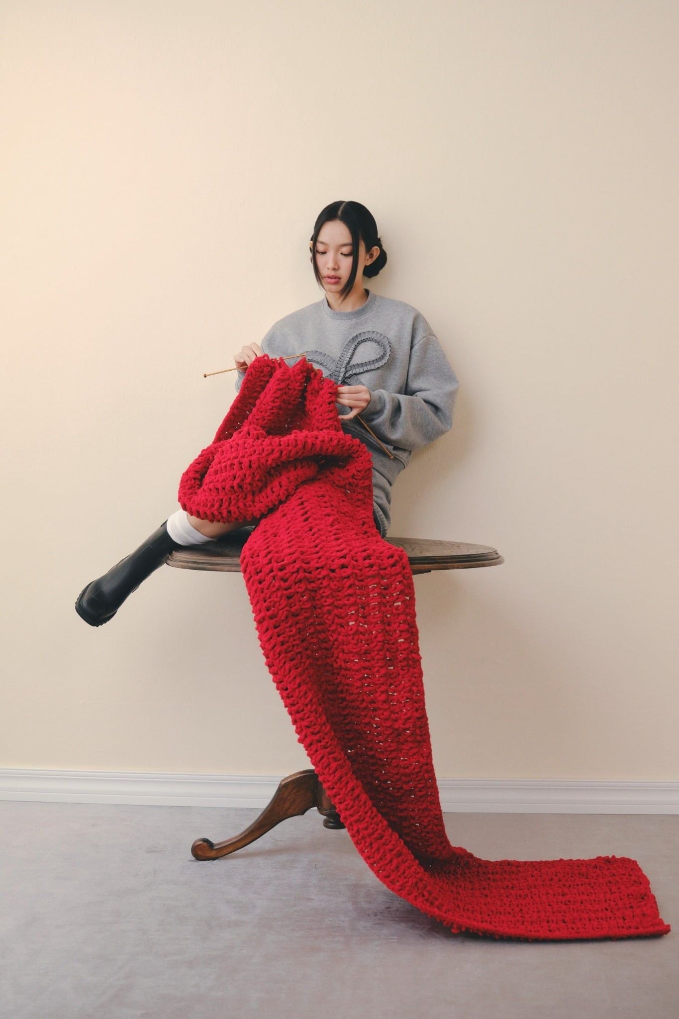 Gray Bow Long Sleeves Knit Set