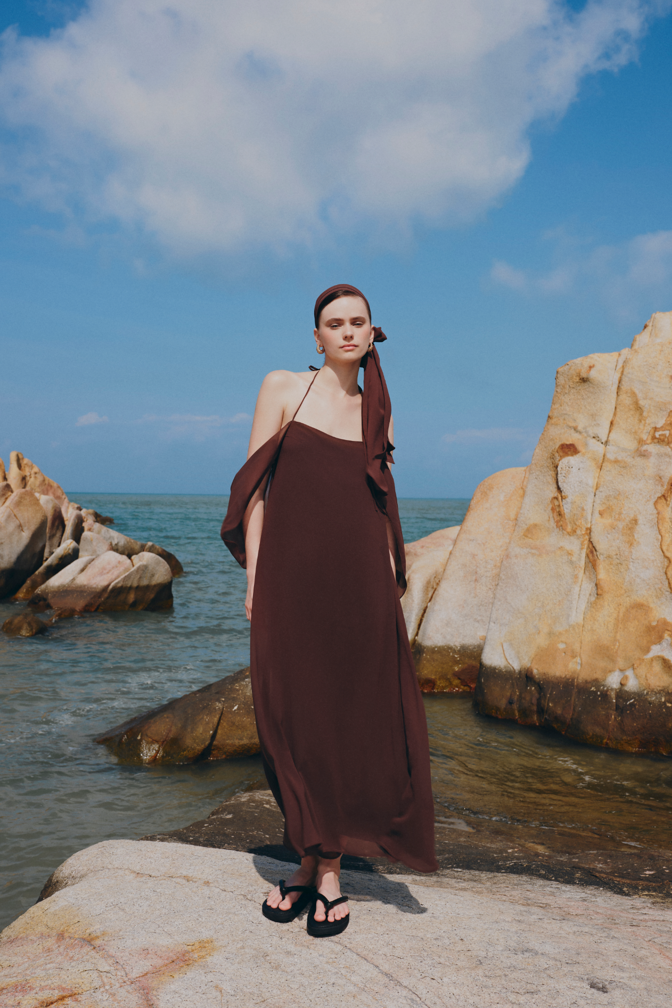Brown Chiffon Off Shoulder Maxi Dress
