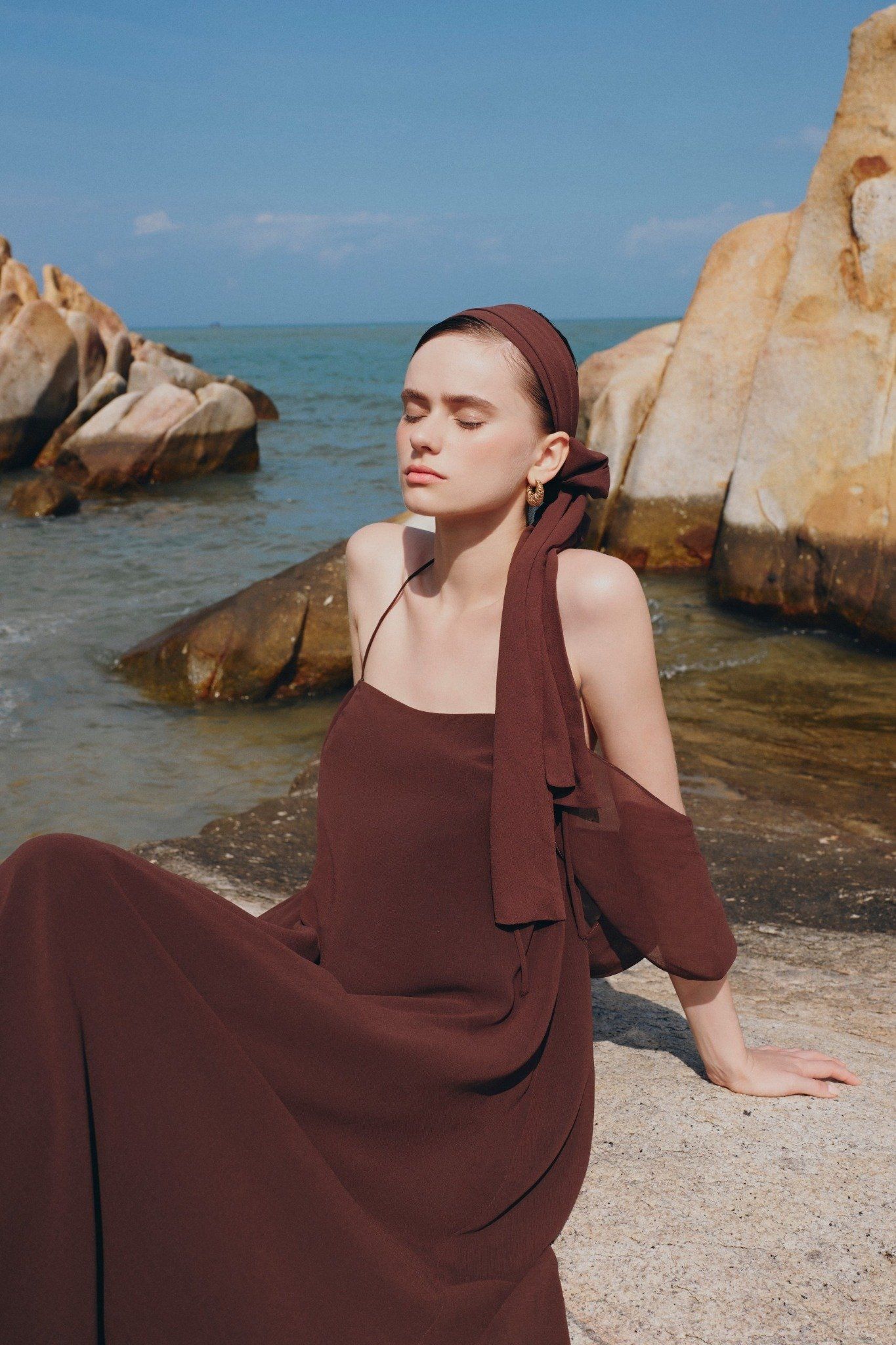 Brown Chiffon Off Shoulder Maxi Dress