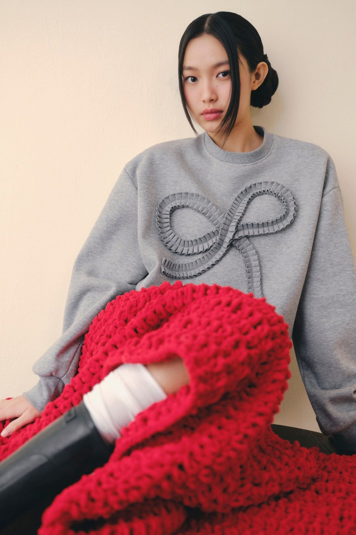 Gray Bow Long Sleeves Knit Set