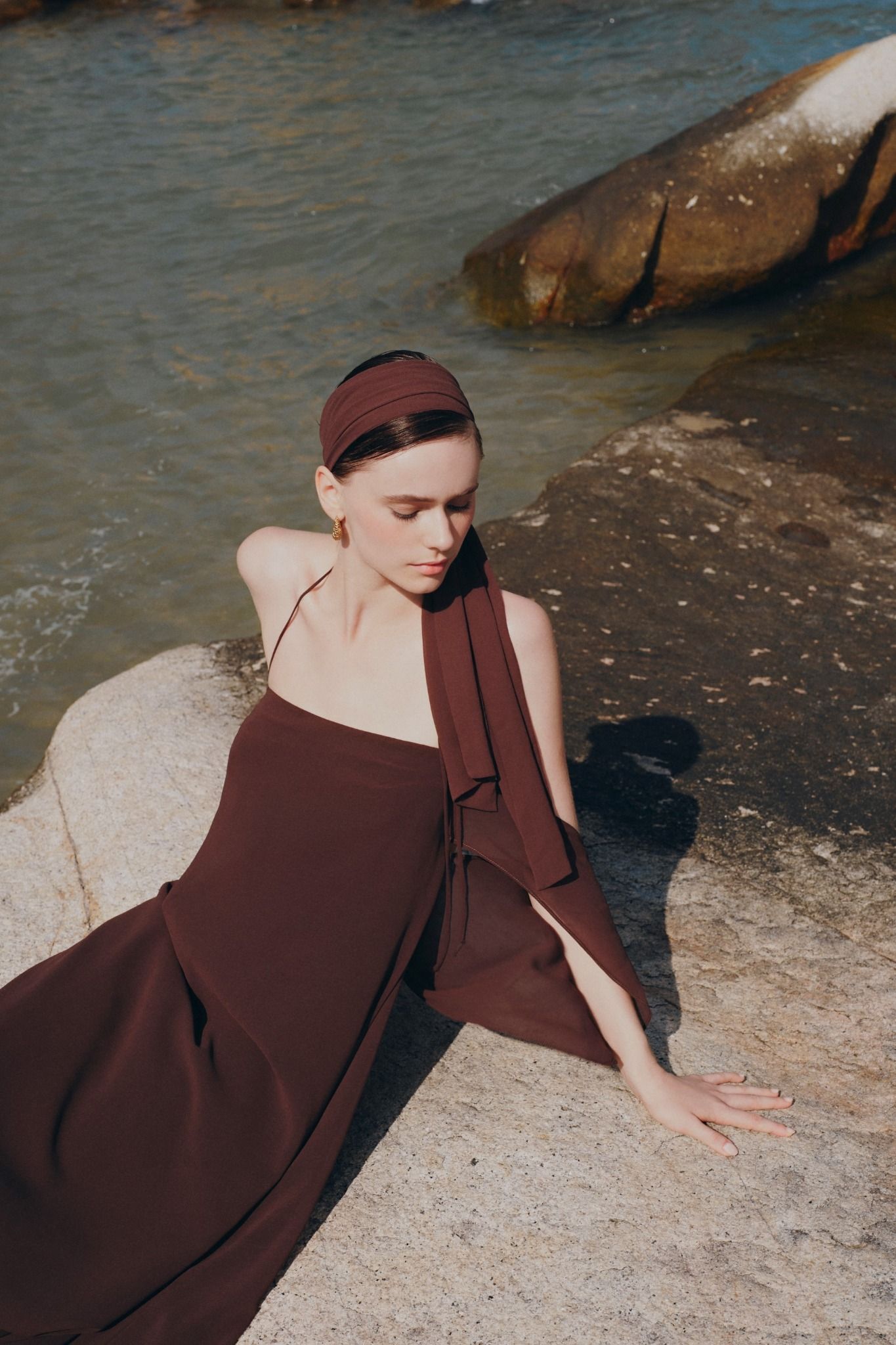 Brown Chiffon Off Shoulder Maxi Dress