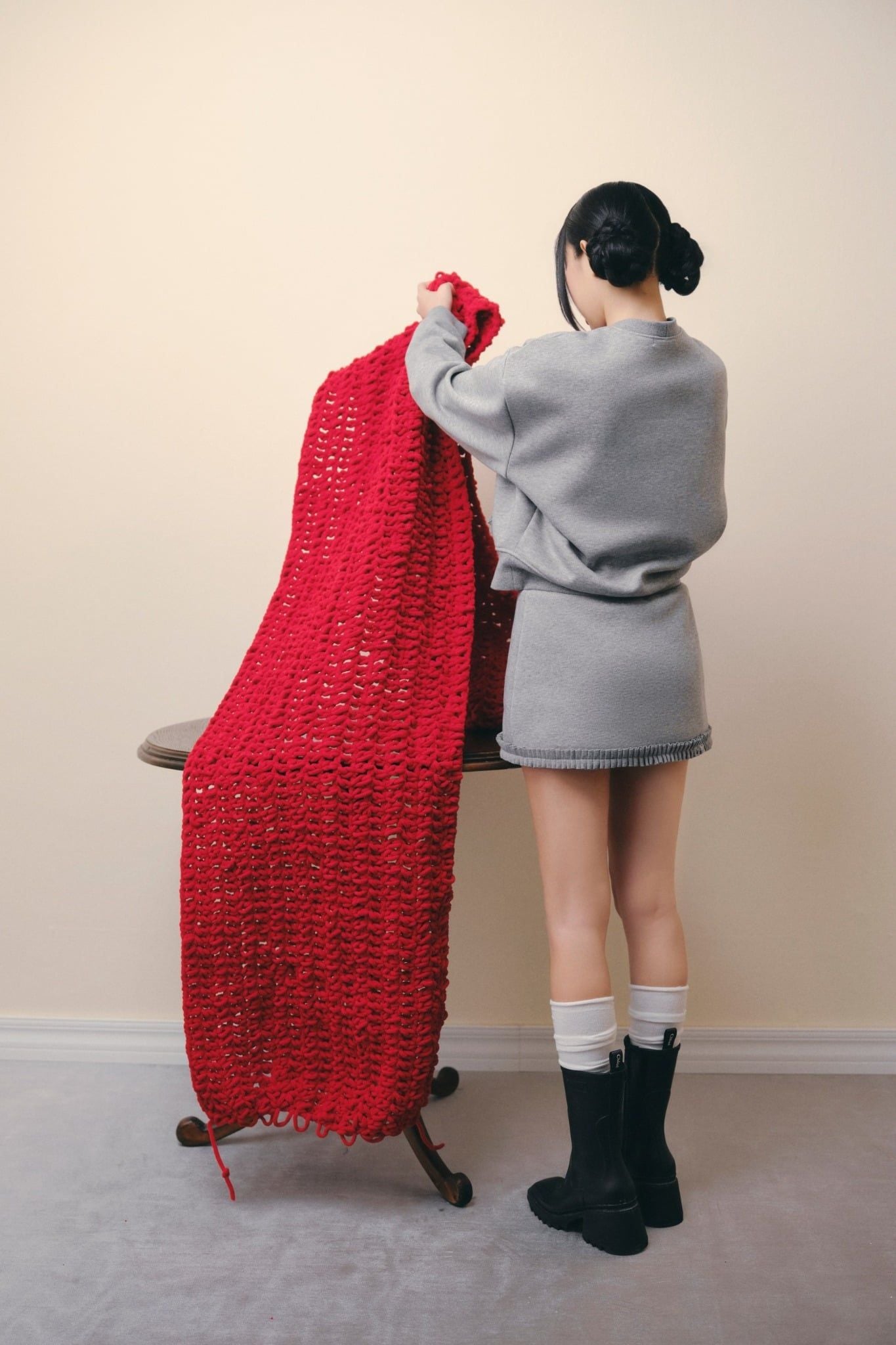 Gray Bow Long Sleeves Knit Set