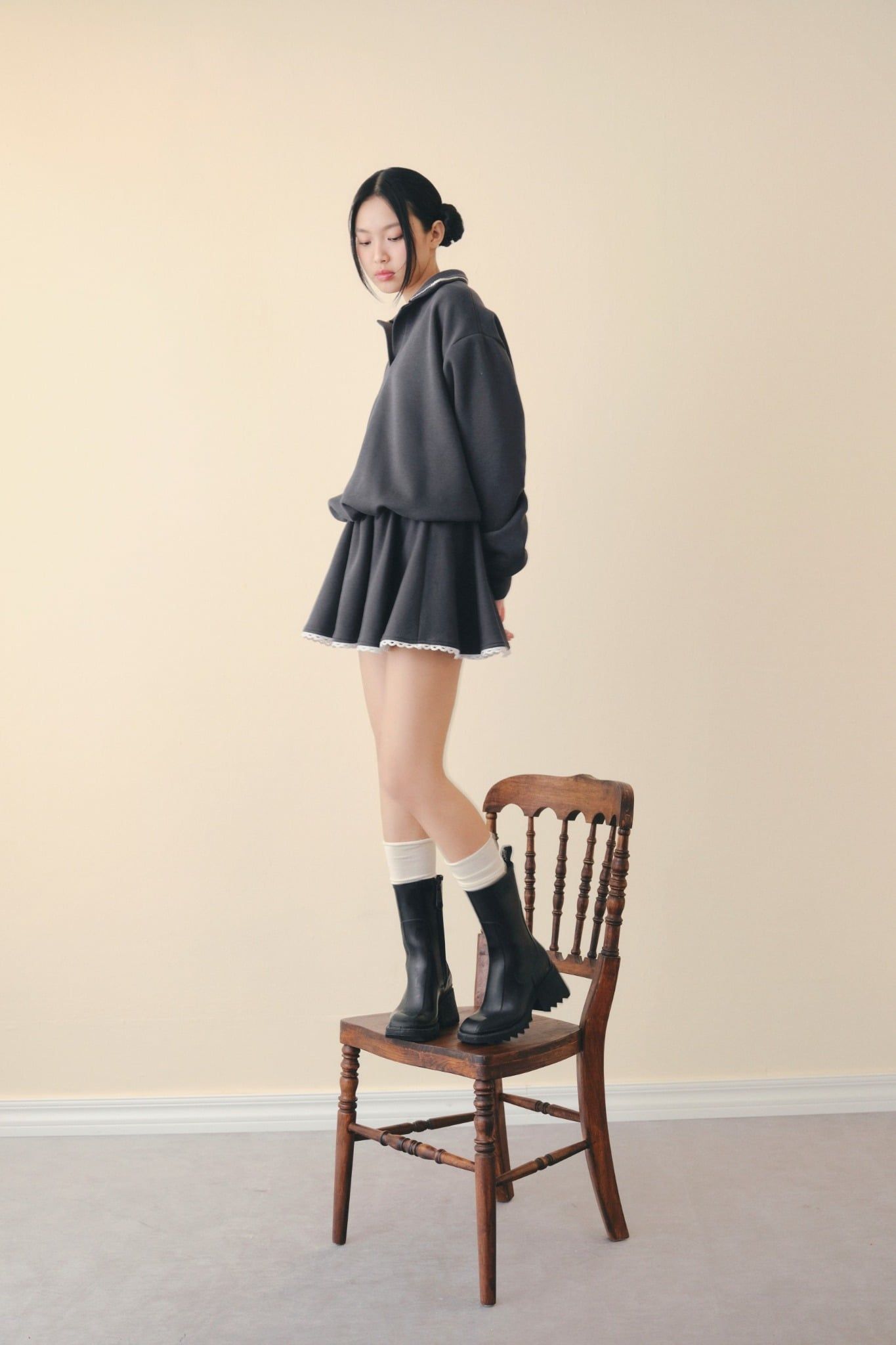 Charcoal Lace Trim Knit Set