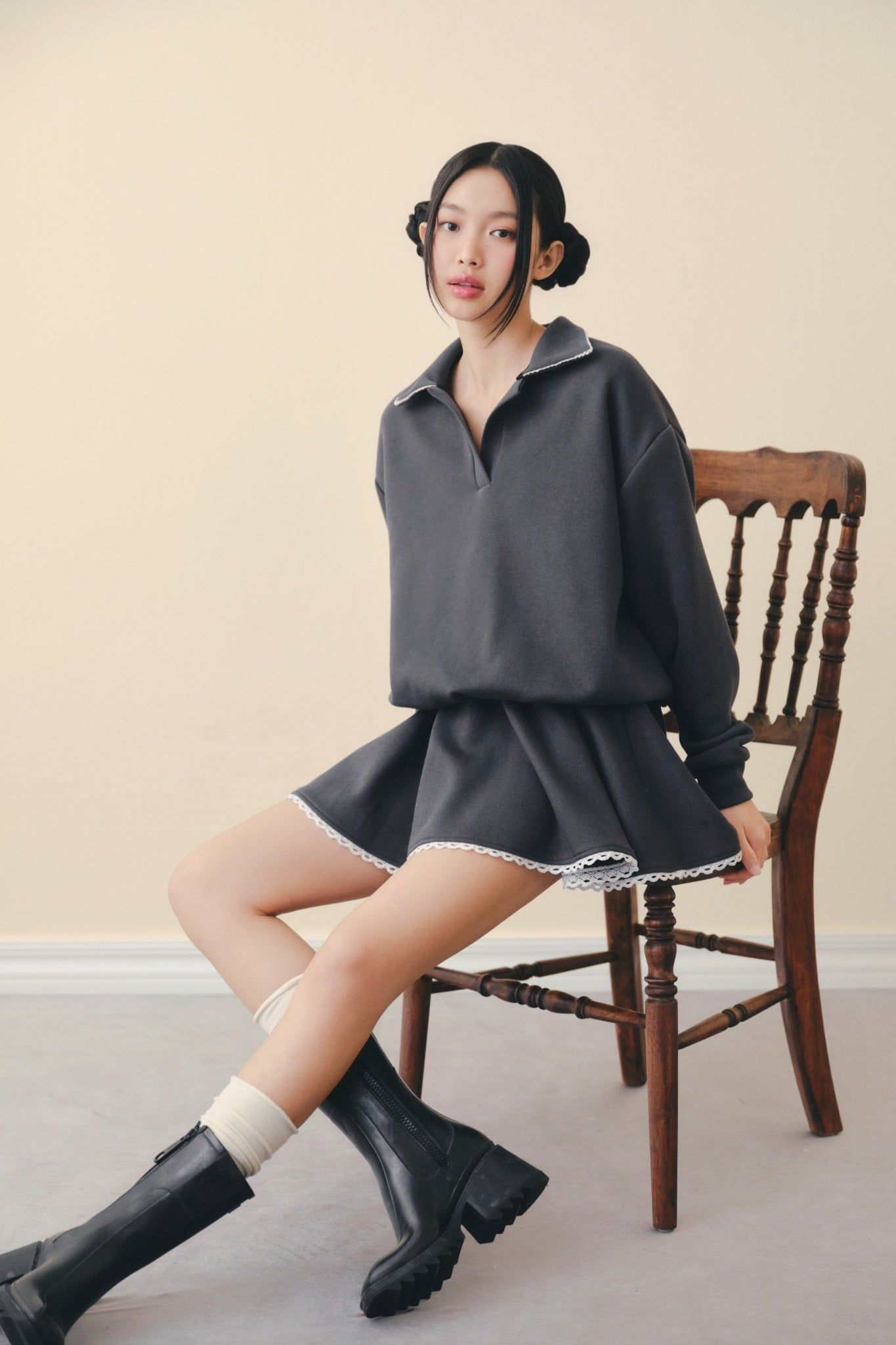 Charcoal Lace Trim Knit Set