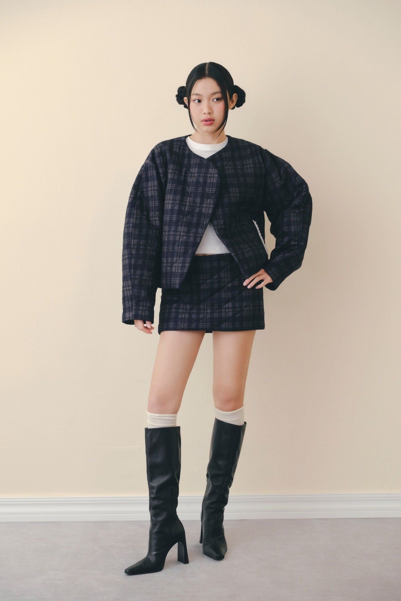 Set áo phao kèm chân váy Navy Kate Plaid Long Sleeves Set