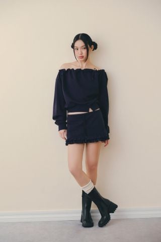 Navy Knit Off Shoulder Set