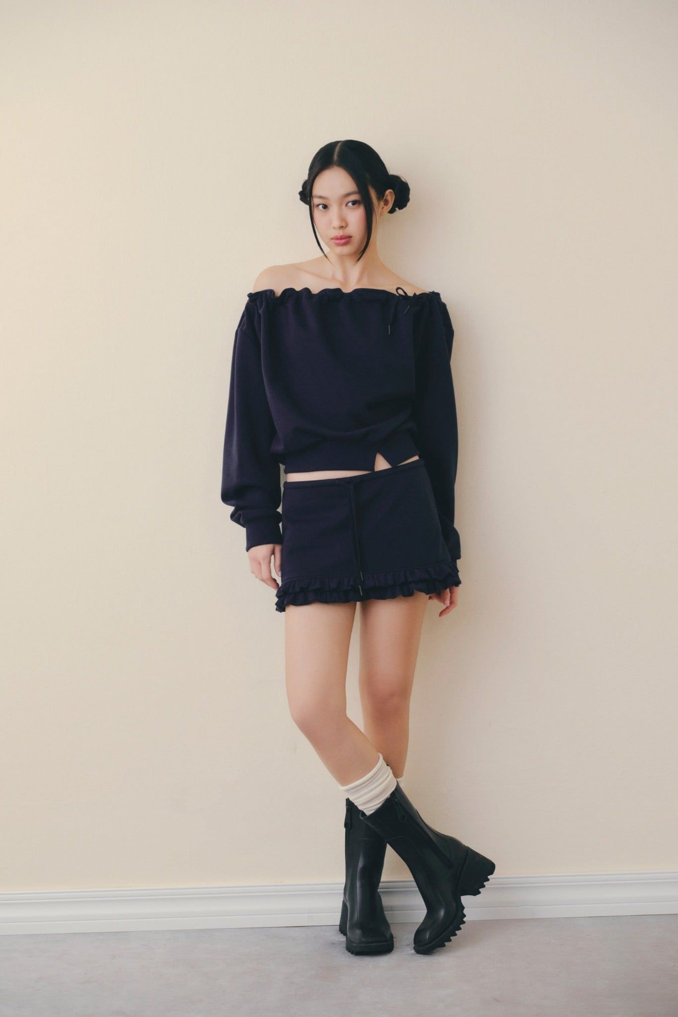 Navy Knit Off Shoulder Set