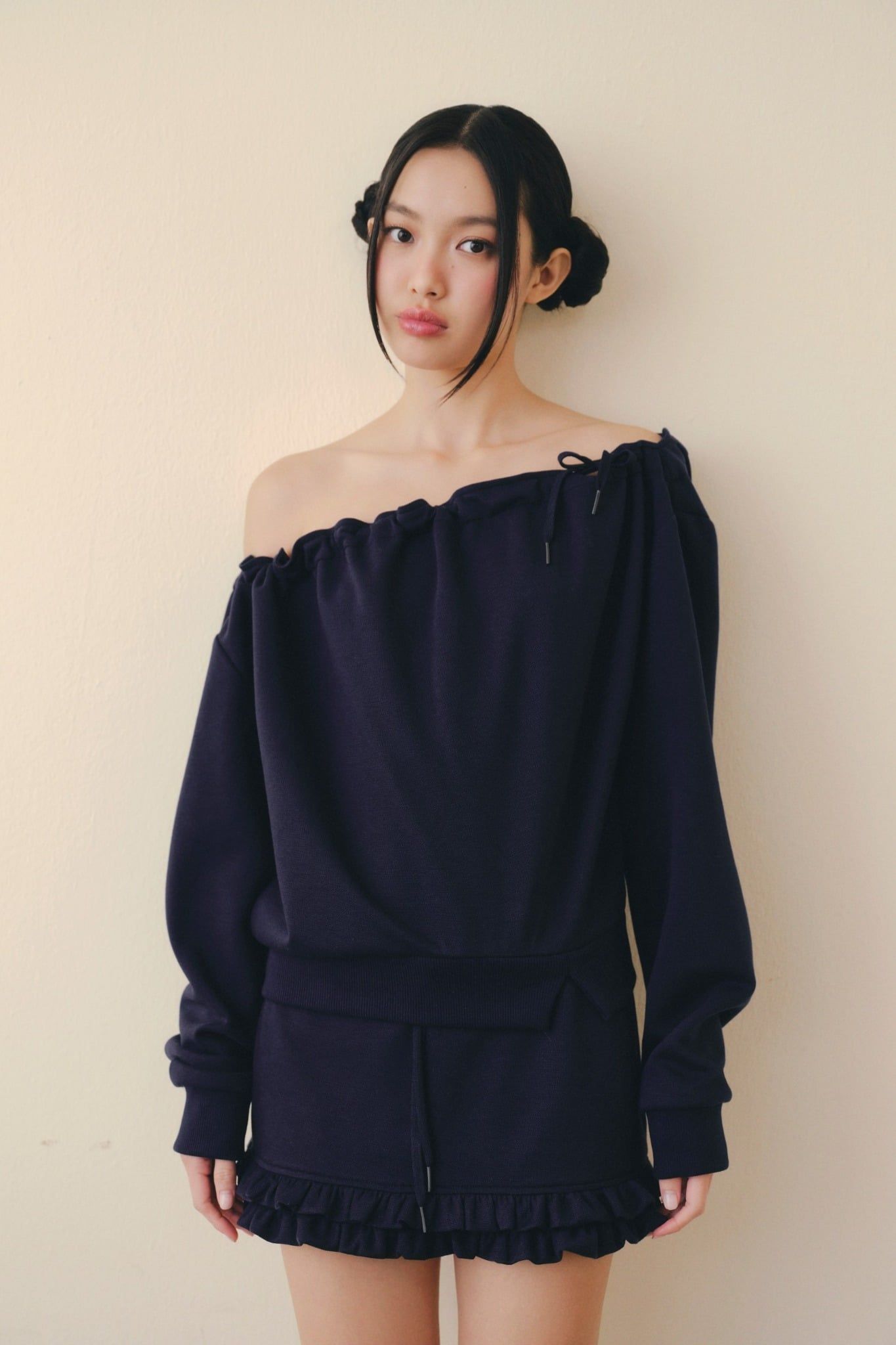 Navy Knit Off Shoulder Set