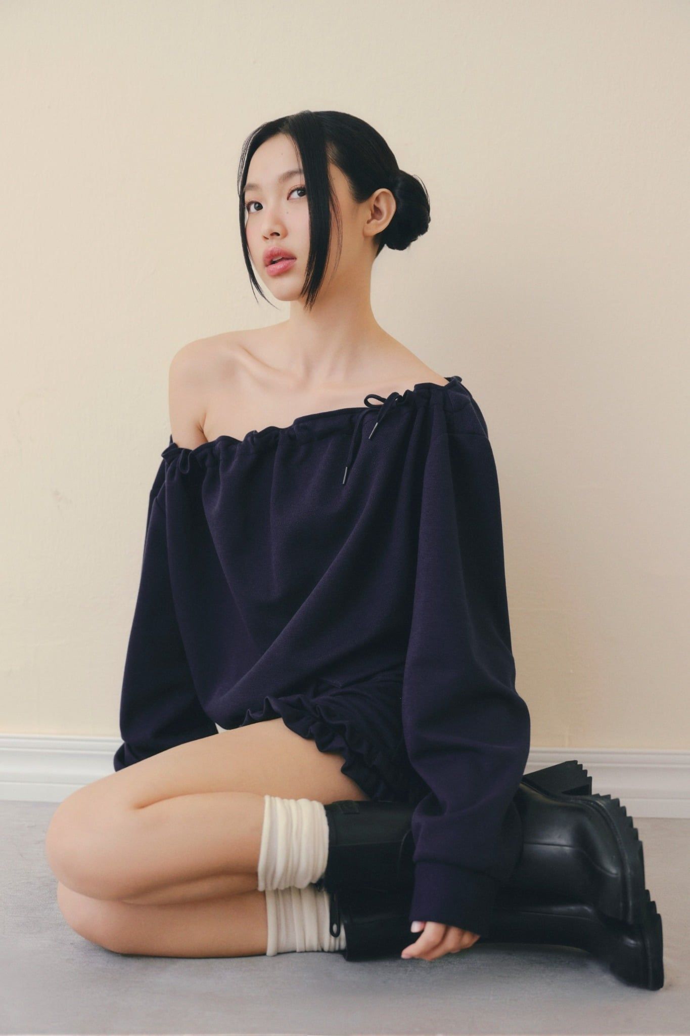 Navy Knit Off Shoulder Set