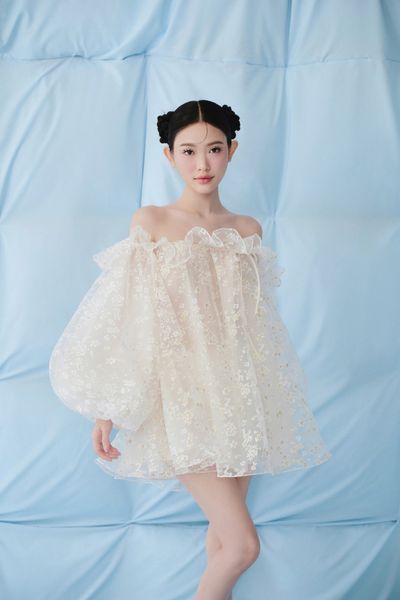  Ivory Fleur Chiffon Off Shoulder Ruffled Puff Dress 
