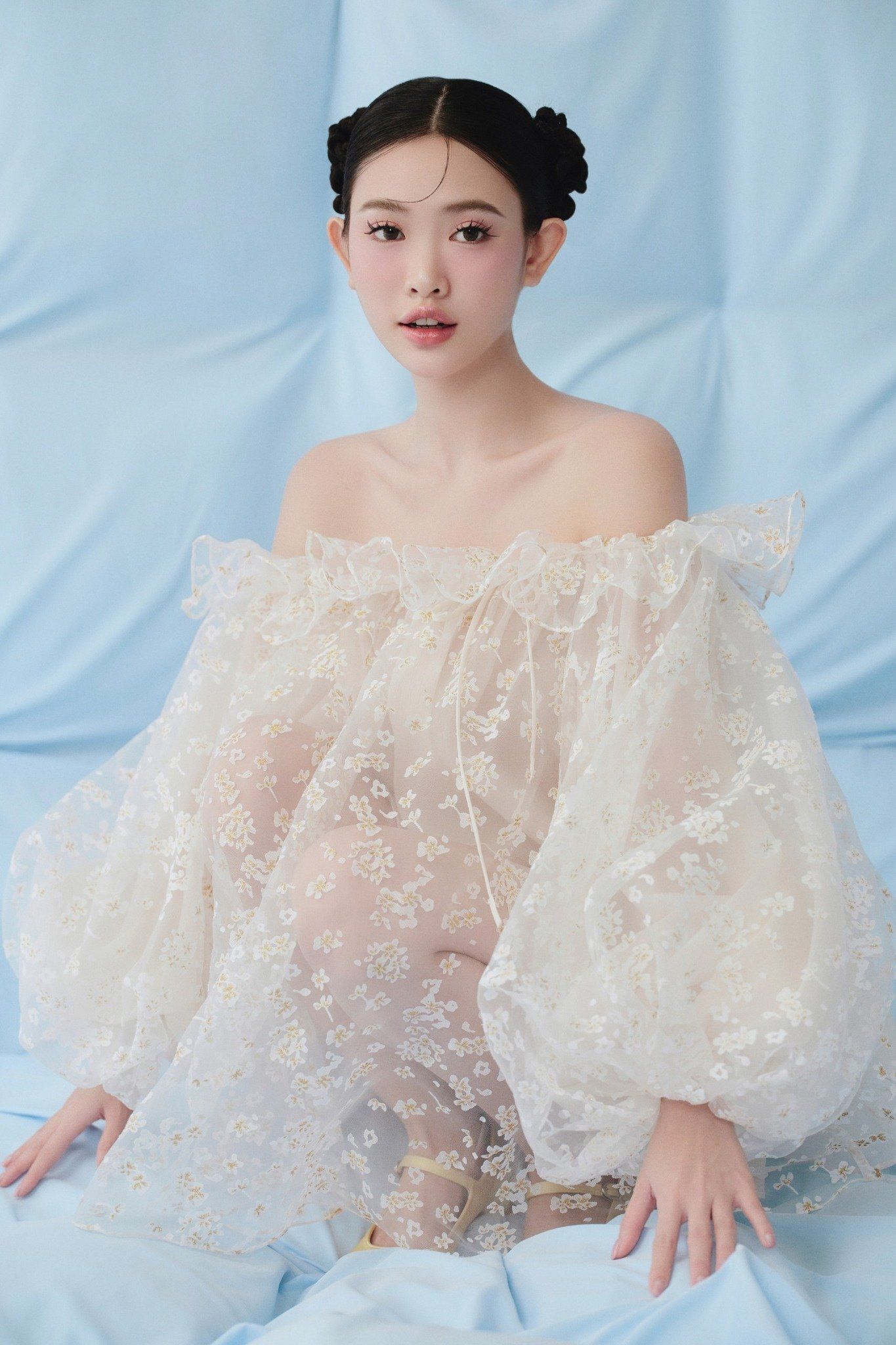 Ivory Fleur Chiffon Off Shoulder Ruffled Puff Dress