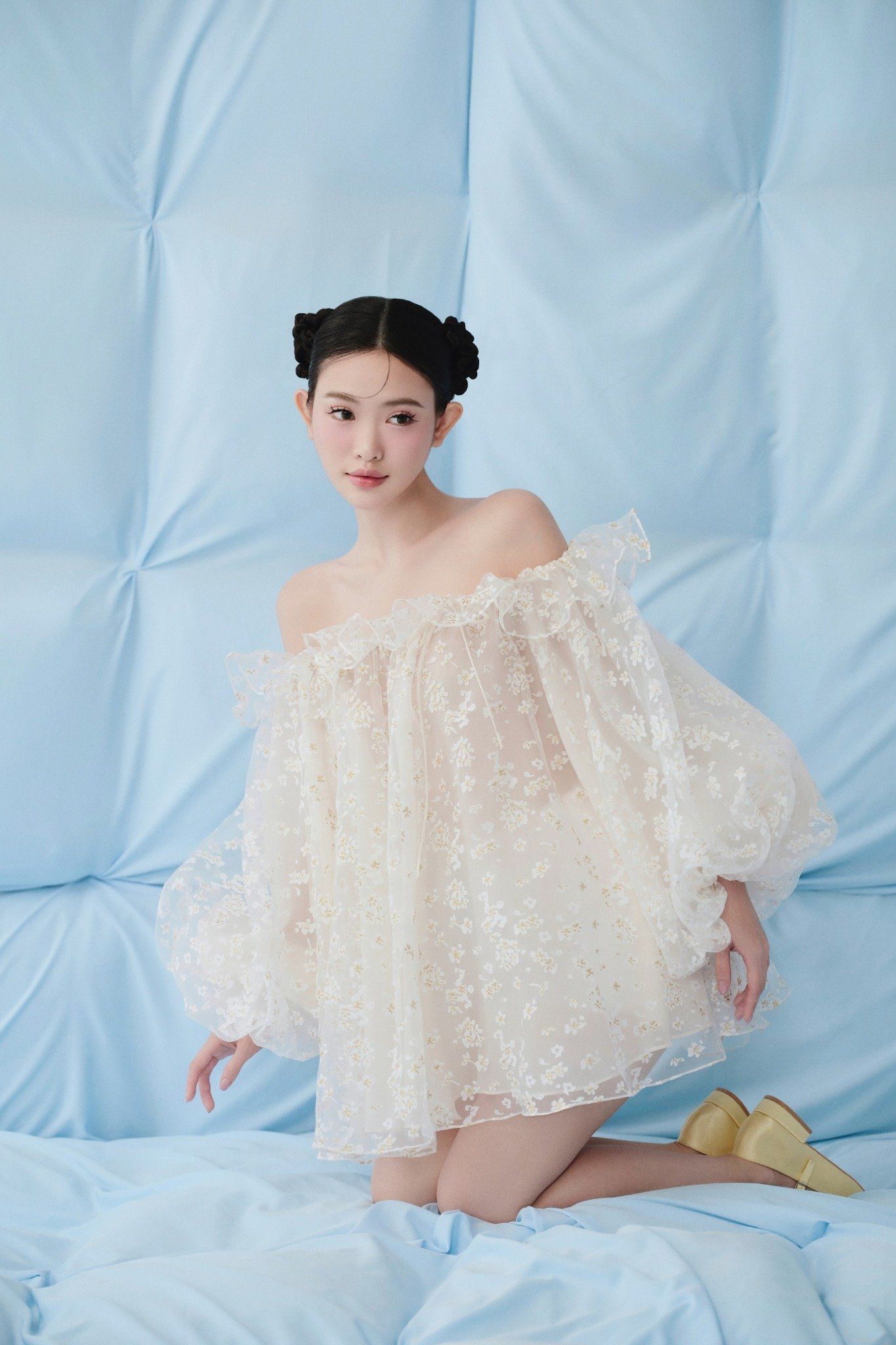 Ivory Fleur Chiffon Off Shoulder Ruffled Puff Dress