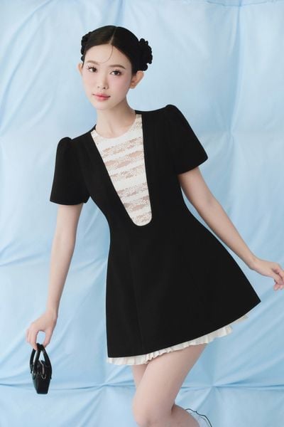  Black A Line White Layered Mini Dress 