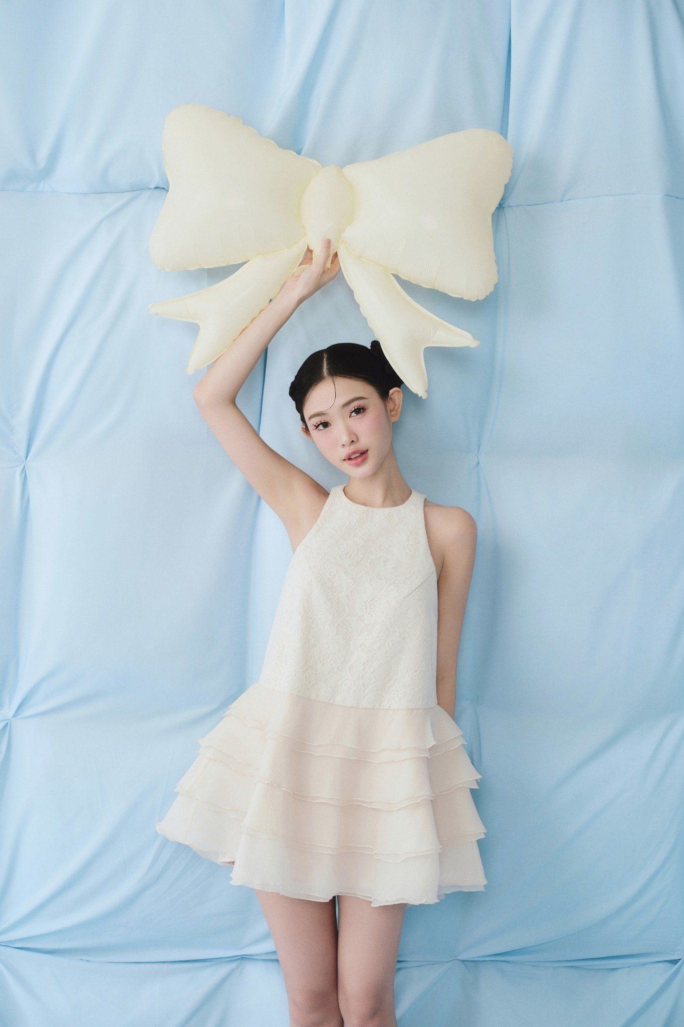 Ivory Chiffon Halter Neck Layered Mini Dress