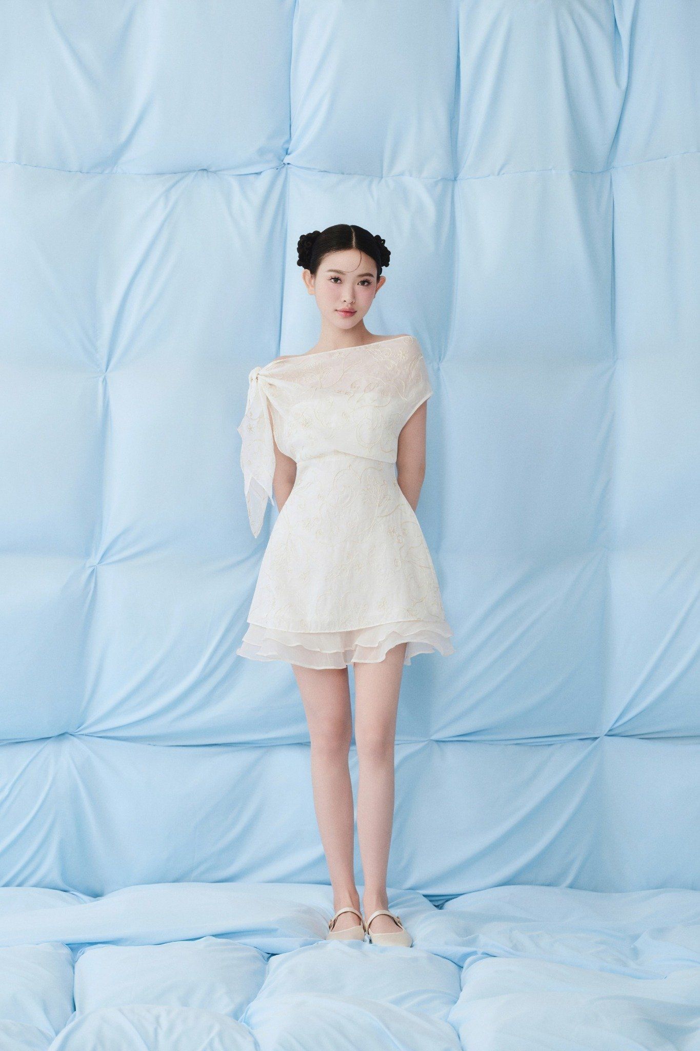 Ivory Chiffon One Shoulder Layered Mini Dress