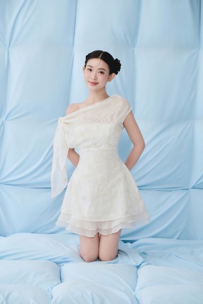  Ivory Chiffon One Shoulder Layered Mini Dress 