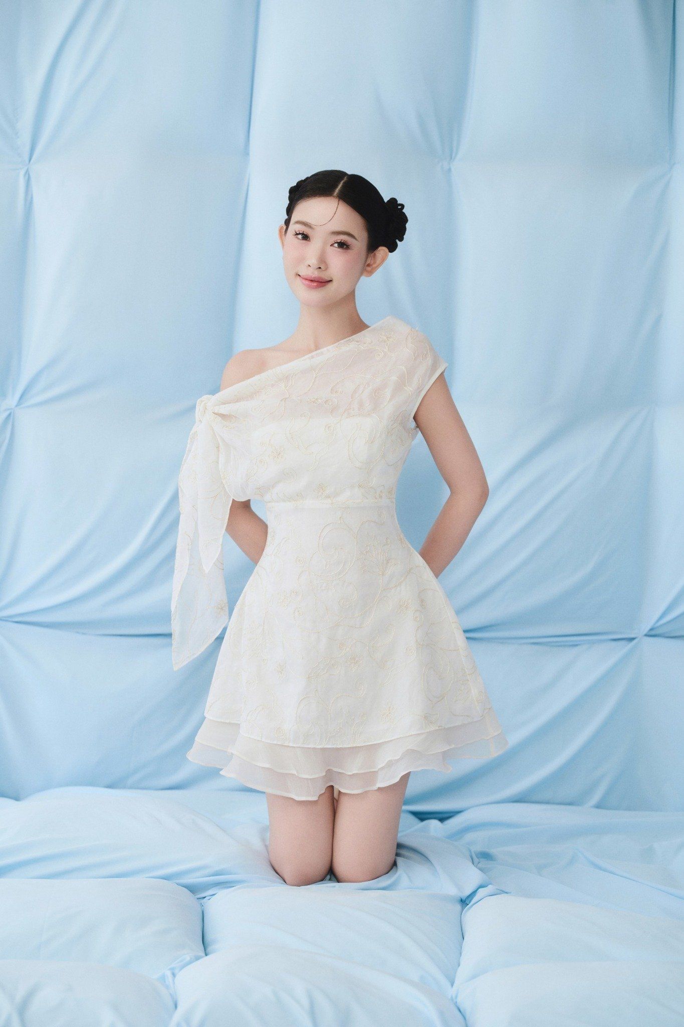 Ivory Chiffon One Shoulder Layered Mini Dress