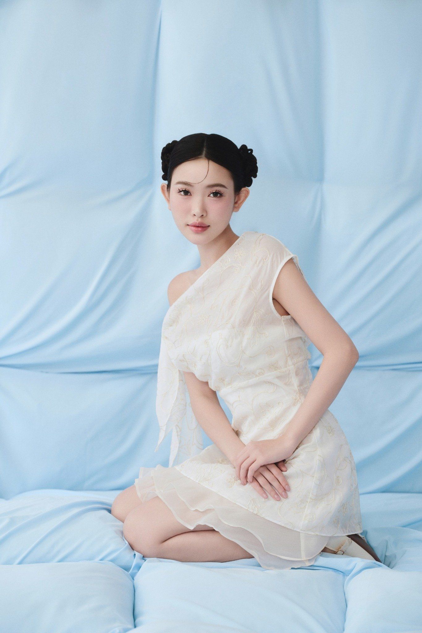 Ivory Chiffon One Shoulder Layered Mini Dress