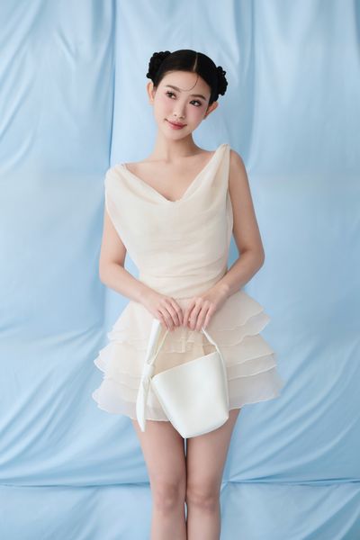  Ivory Chiffon Cowl Ruffled Mini Dress 