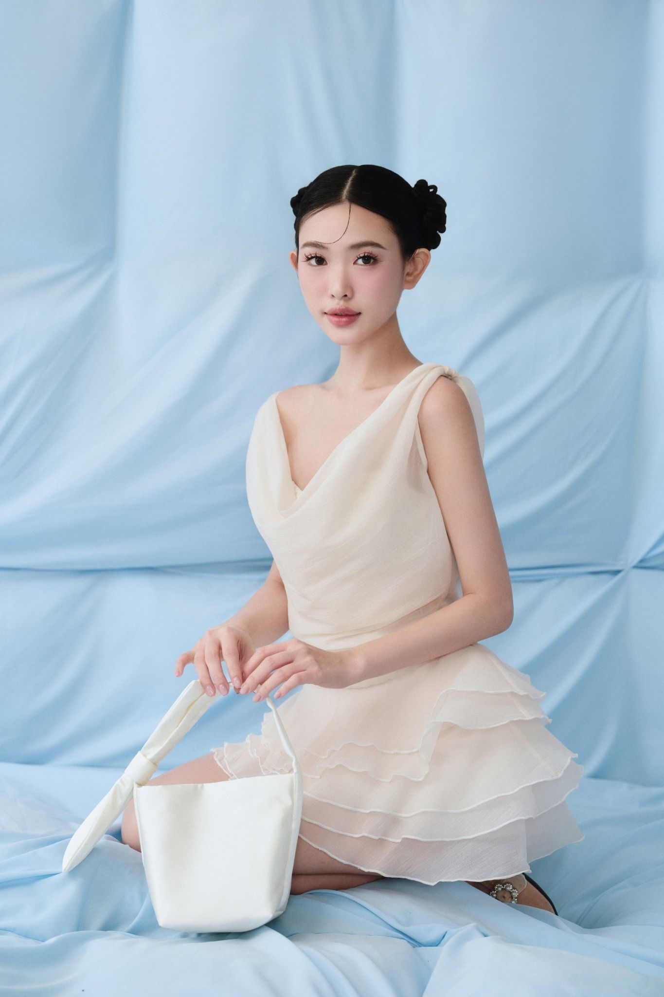 Ivory Chiffon Cowl Ruffled Mini Dress