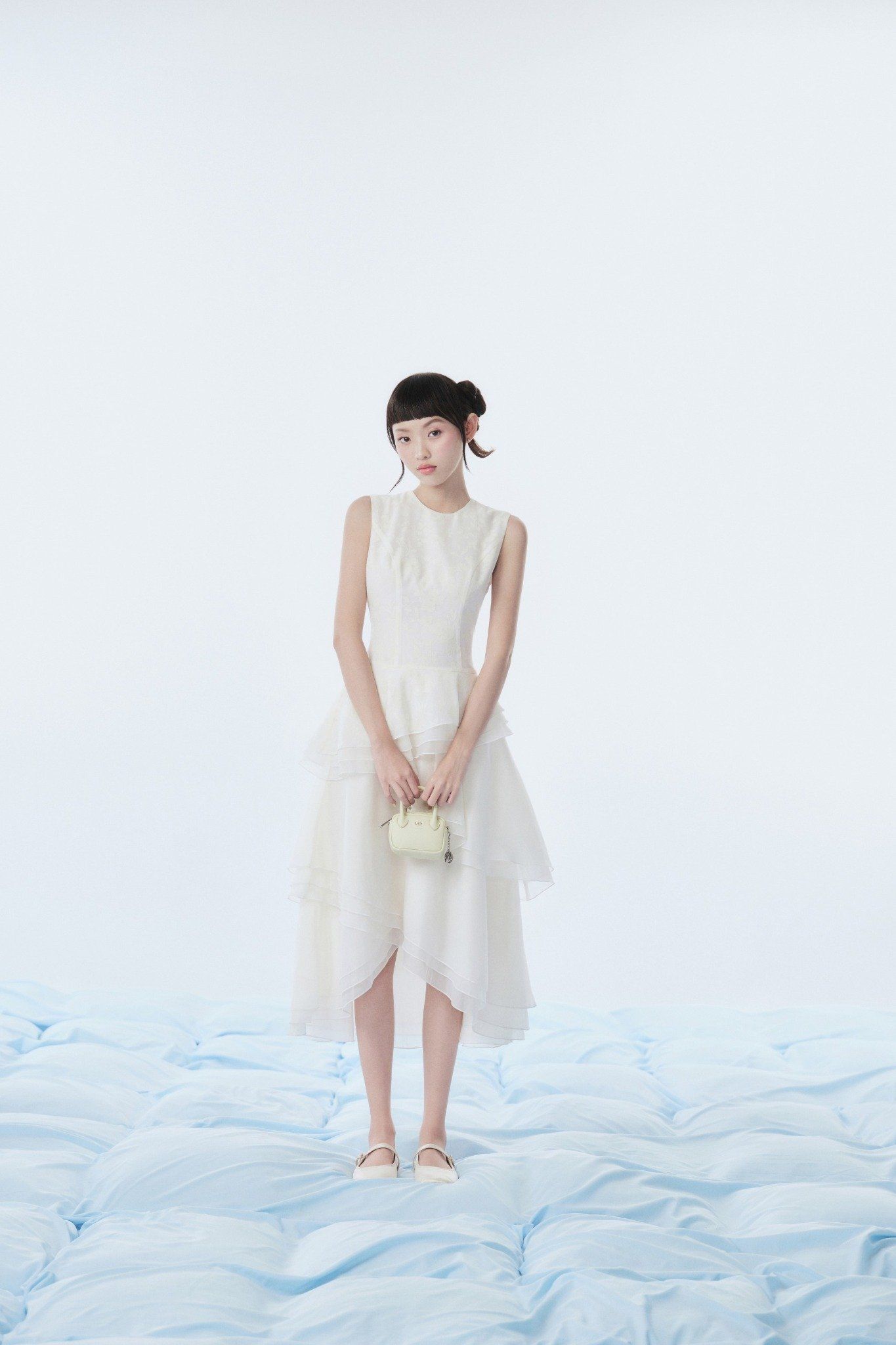 Ivory Chiffon Layered Fitted Waist Midi Dress