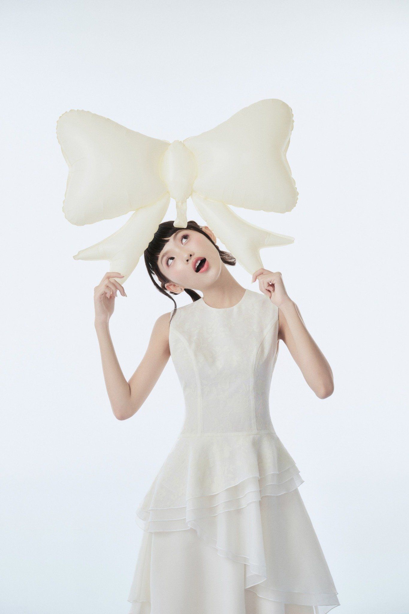 Ivory Chiffon Layered Fitted Waist Midi Dress