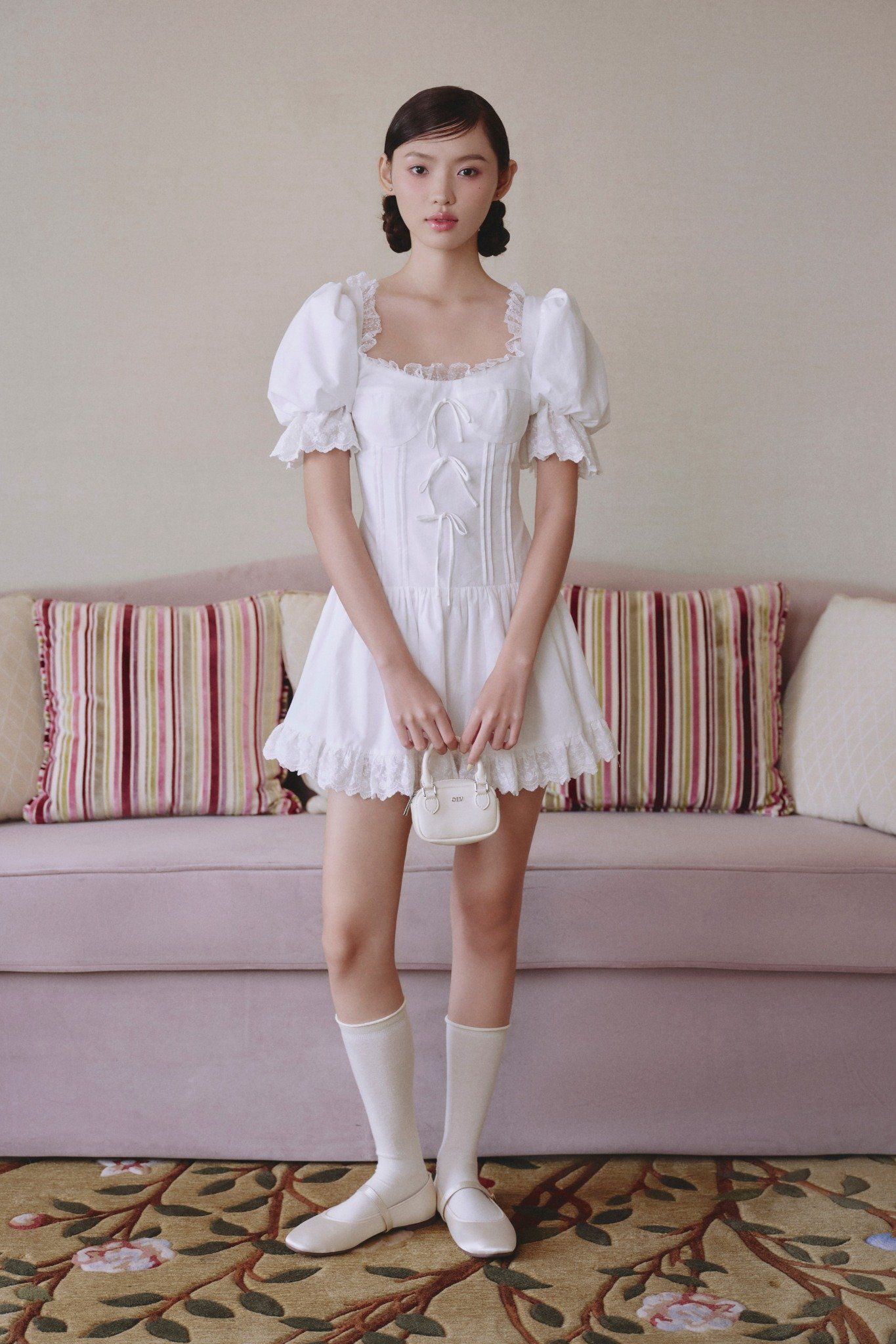 White Linen Puff Sleeves Lace Trim Mini Dress