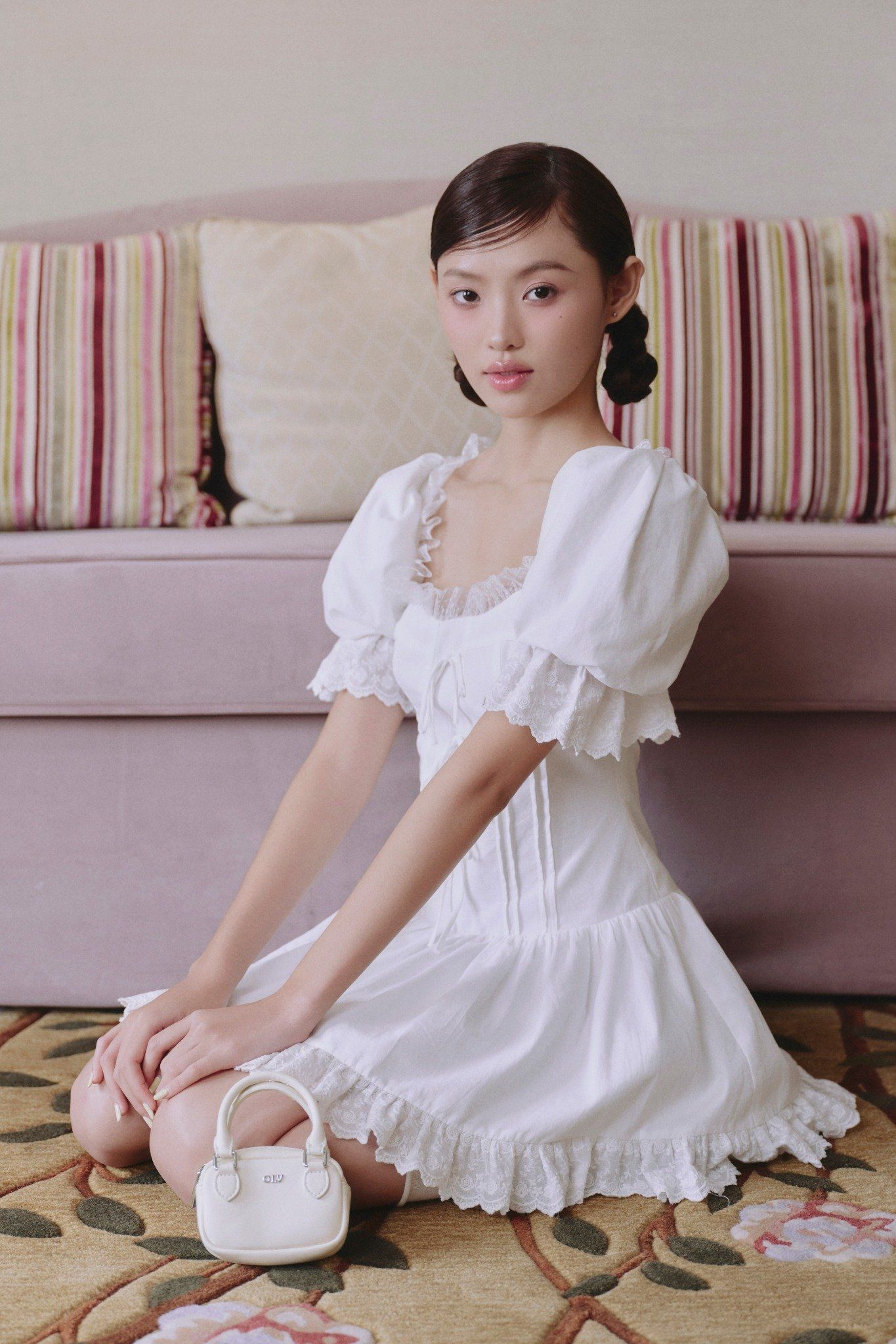 White Linen Puff Sleeves Lace Trim Mini Dress