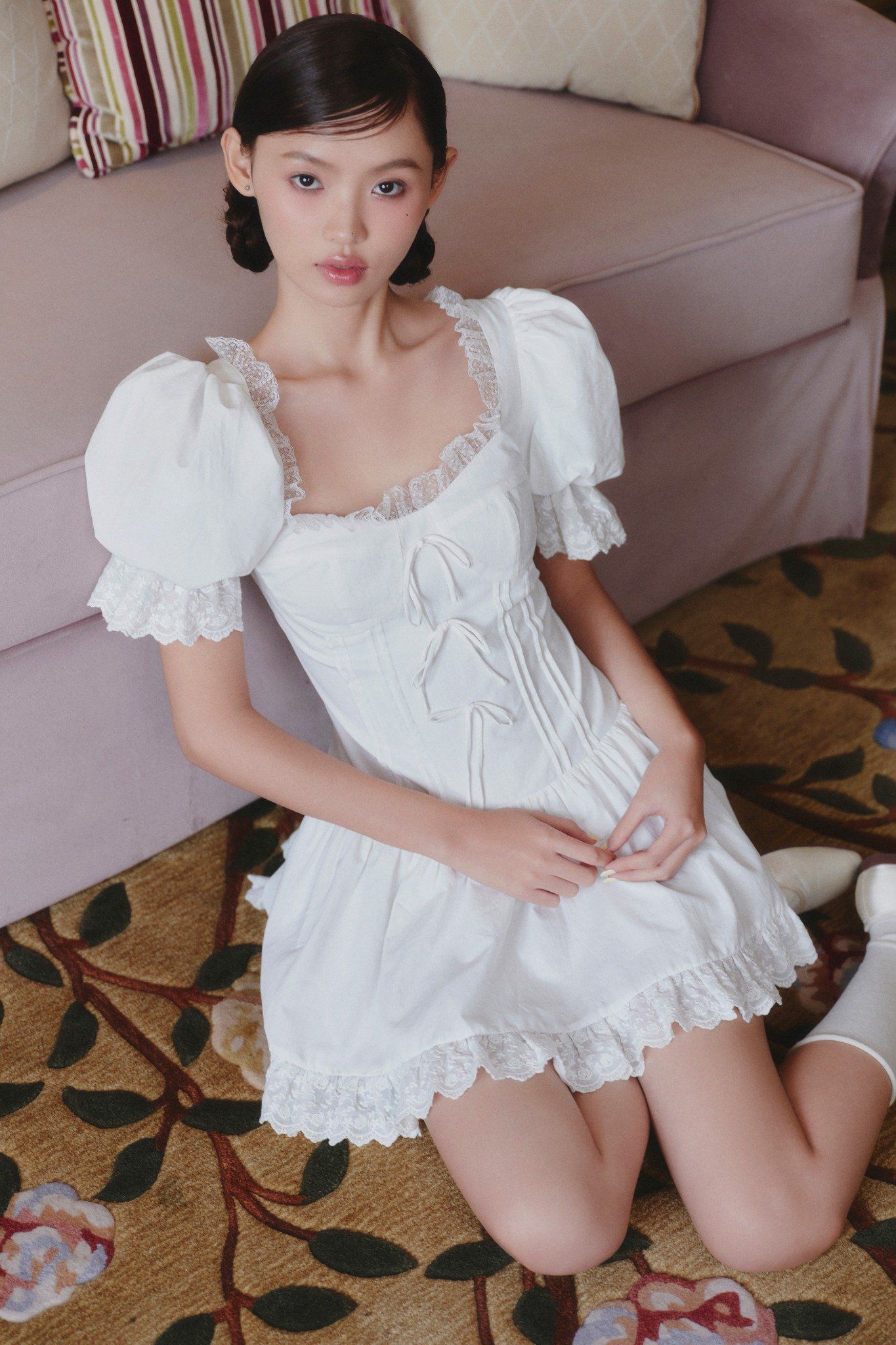 White Linen Puff Sleeves Lace Trim Mini Dress