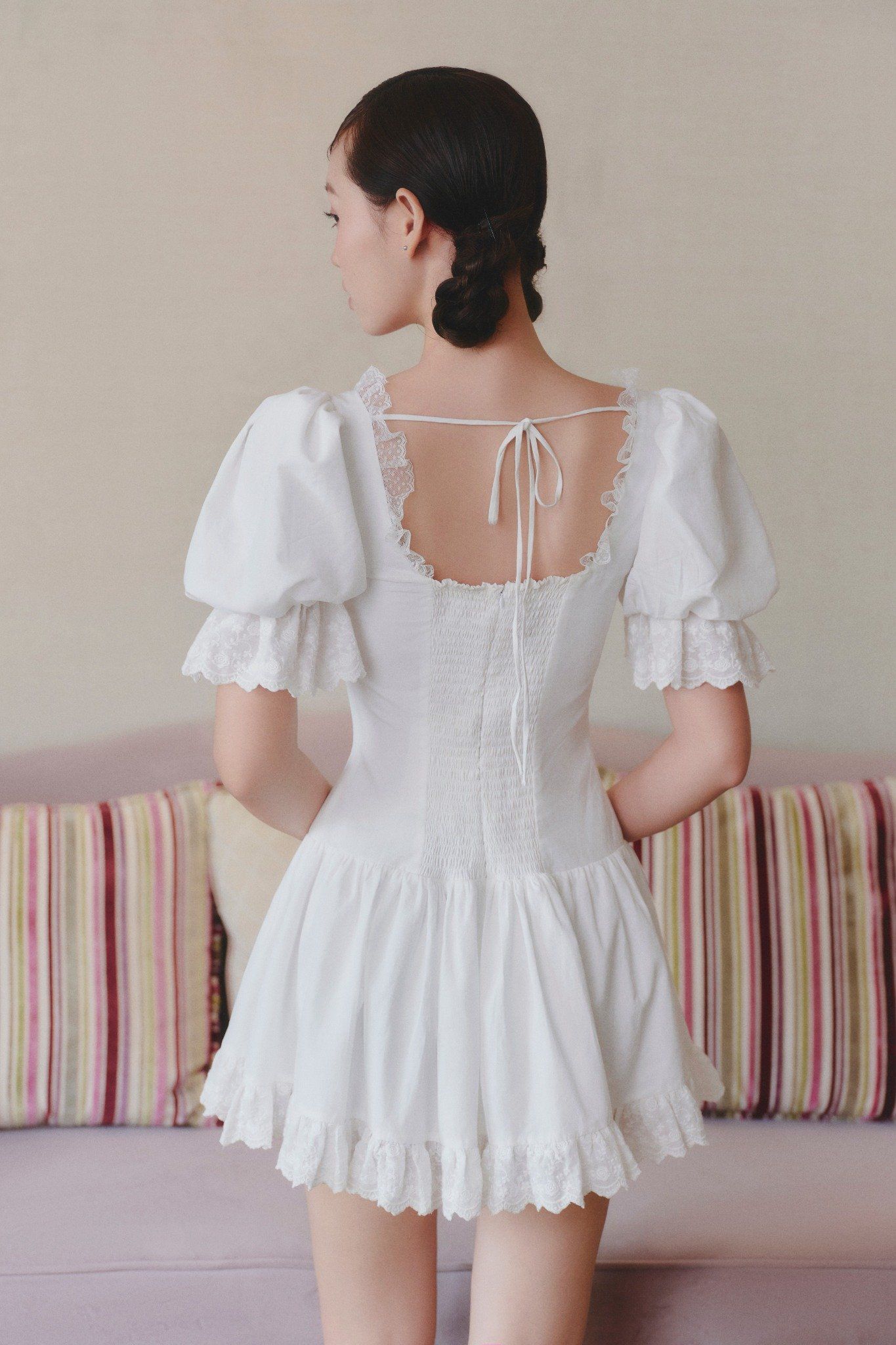 White Linen Puff Sleeves Lace Trim Mini Dress