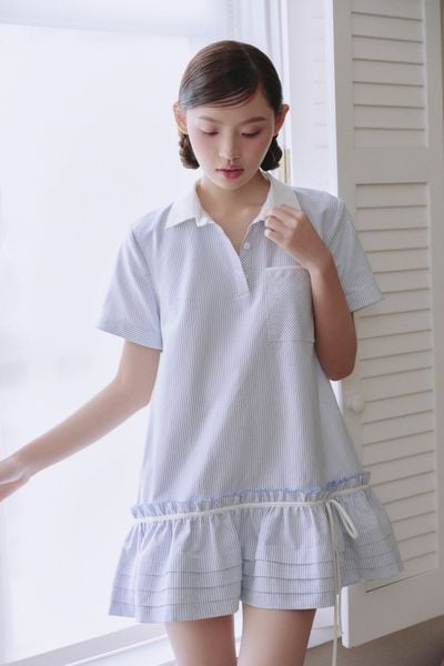  Light Blue Striped Linen Polo Babydoll Dress 