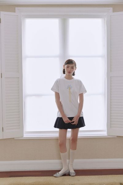  Áo White Blue Appliqué Flower Cotton Short Sleeve T Shirt 