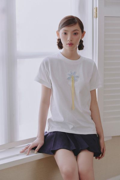  Áo White Blue Appliqué Flower Cotton Short Sleeve T Shirt 