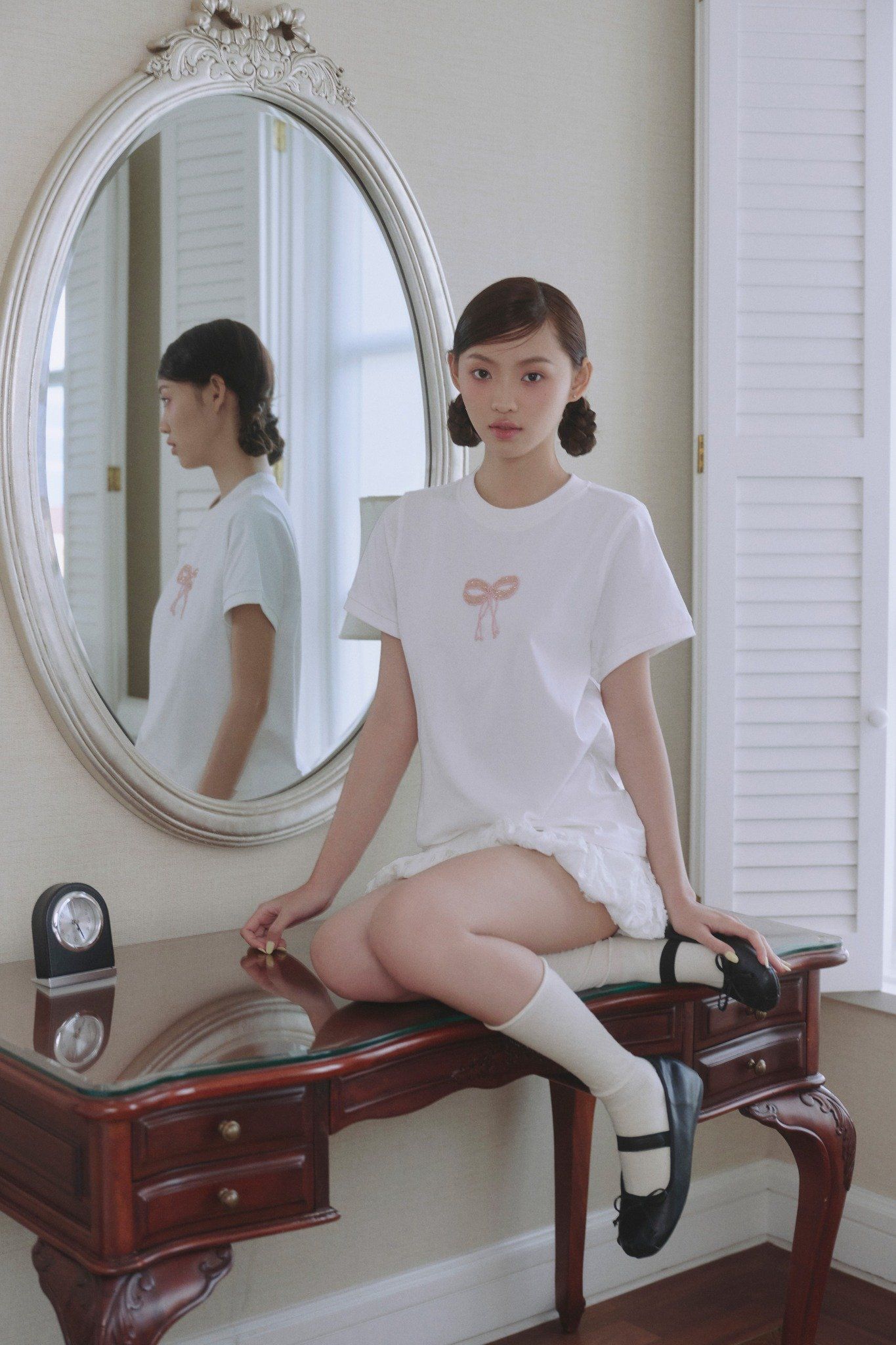 Áo White Pink Bow Cotton Short Sleeve T Shirt