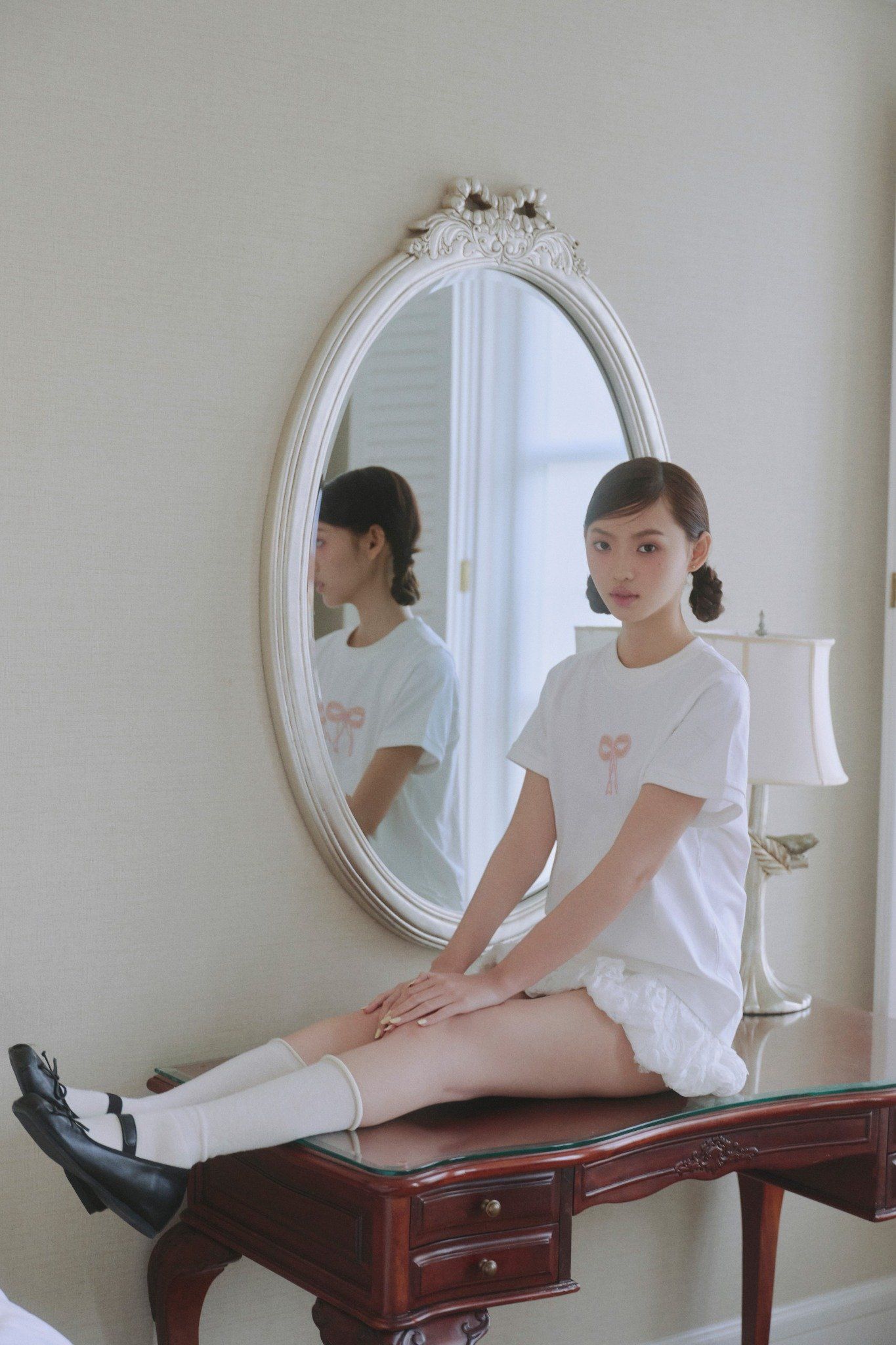 Áo White Pink Bow Cotton Short Sleeve T Shirt