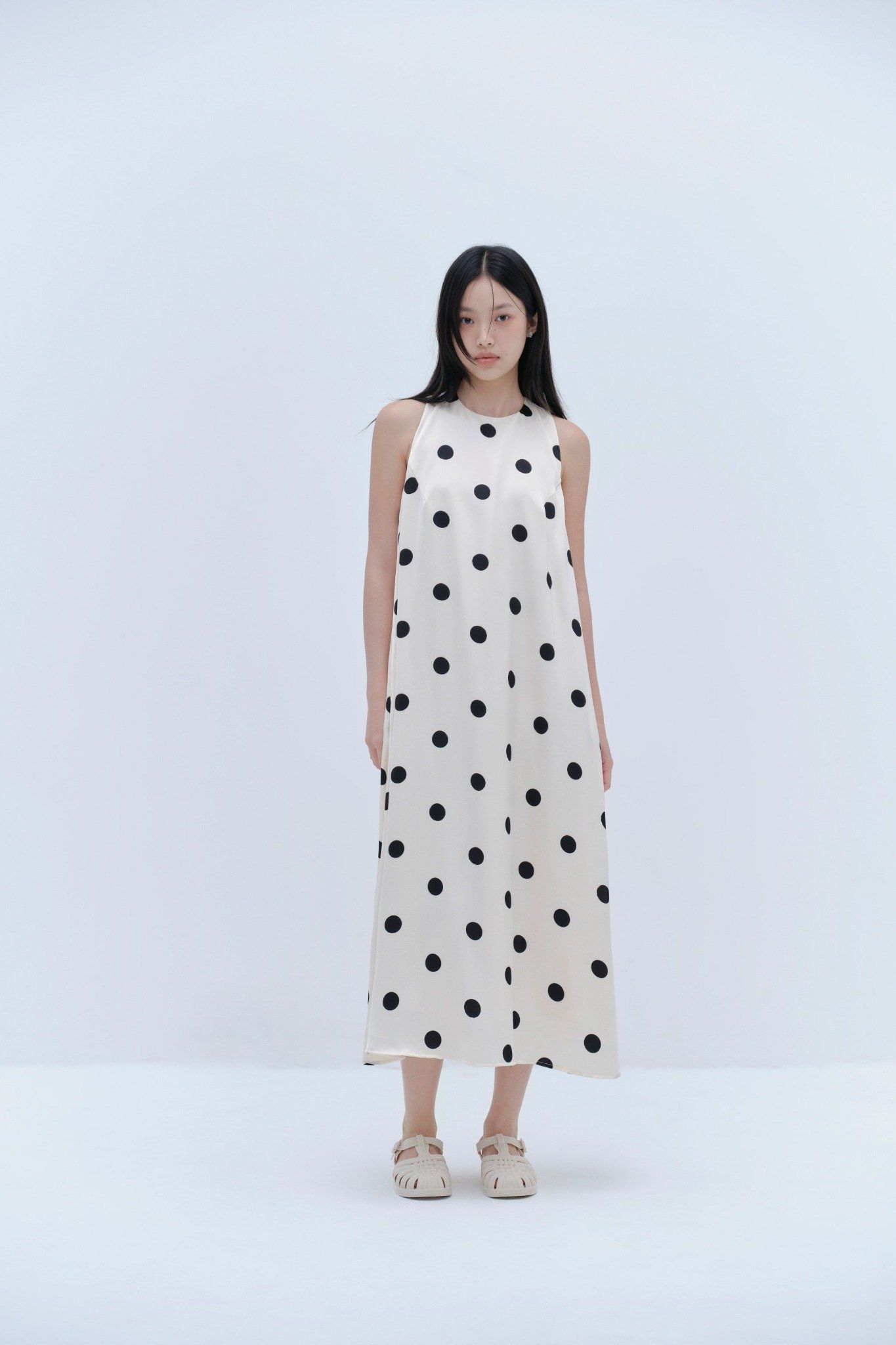 Cream Dot Halter Neck Maxi Dress